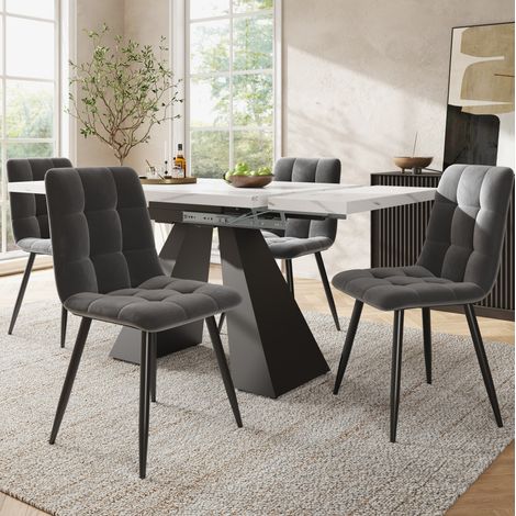 Ensemble de salle à manger extensible MDF et métal blanc/noir, table 99-159x74 cm avec 4 chaises en velours (1/5)