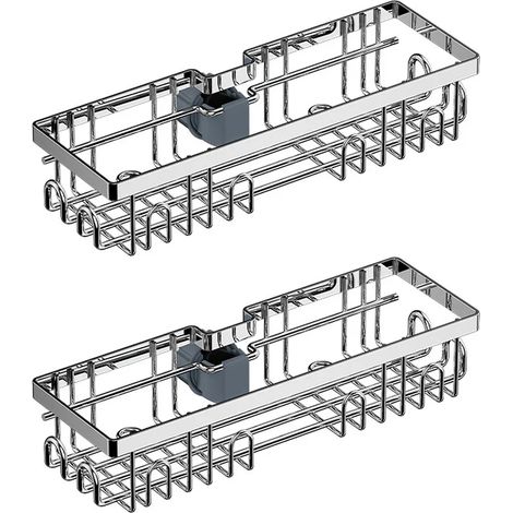 Étagère de douche en acier inoxydable pour barre de douche, étagère de salle de bain antirouille avec système d'évacuation et grand espace de rangement, couleur argentée (1/5)