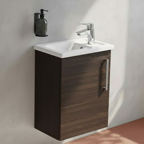 Vitra Root Flat Compact Wall Hung 1-Door LH Vanity Unit with Basin 450mm Wide - Walnut