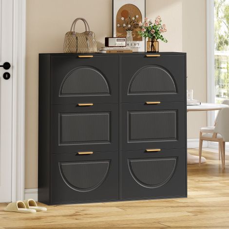 Meuble à chaussures moderne 118x25x115cm - 6 portes abattants - Noir (1/5)