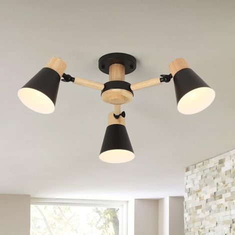 Noir Plafonnier Cuisine 3 Lumières,Bois Et Fer Luminaires Intérieur Lampe À Bras Léger Réglable Lustre Salon E27 Ø55Cm Moderne Abat Jour Plafond Pour Chambre Maison (1/5)