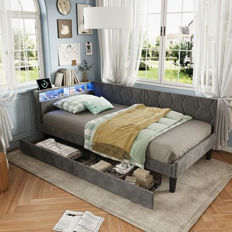 Lit 90x200 cm, fonctions chargement USB et Type-C, Compartiment de rangement de chevet + 2 tiroirs - Cadre de lit avec accoudoirs, gris (1/5)