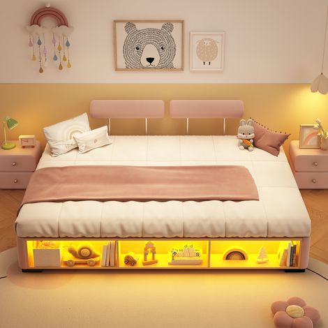 Lit enfant rembourré avec étagère LED 140x200cm,appuie-tête modulable 3 côtés,lit bas avec rangements,velours,rose (1/5)