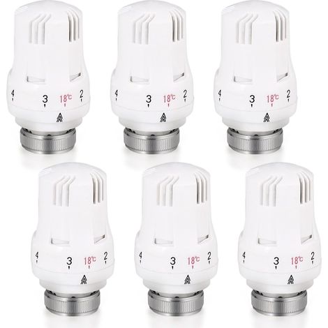 6 Pièces Tête Thermostatique, M30 x 1,5, Laiton Nickelé, Plage 6-28°C, Pour Radiateur Maison Bureau