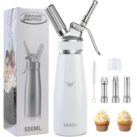 Chantilly Siphon 500 ml, Aluminium Chantilly Siphon, Kitchen Siphons with 3 Nozzles and 1 Cleaning Brush, Siphon for Decorating Patisserie and Desserts (White) (1/5)