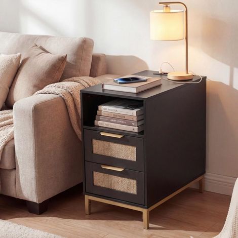 Rotin PE noir et bois, lot de 2 tables de chevet avec station de charge, 2 tiroirs, pour chambre ou salon (1/5)