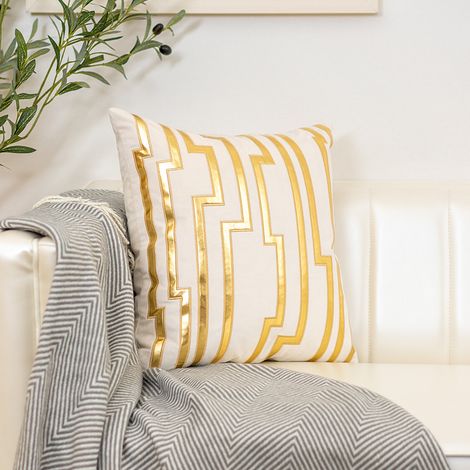 BEBUSINGOTO Funda de cojín decorativa de piel dorada con rayas blancas de 45 x 45 cm, estampado geométrico de lujo, ideal para salón, dormitorio o sofá.