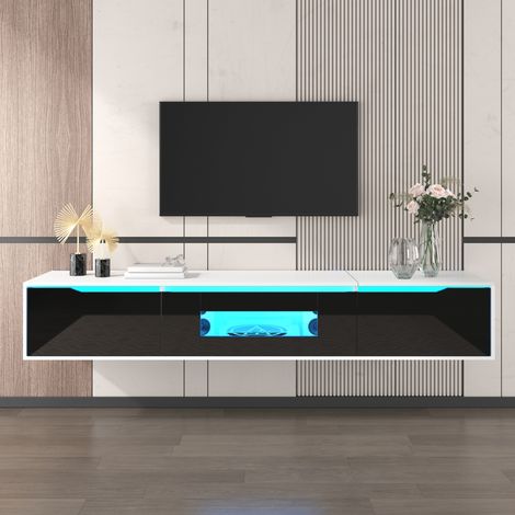 Meuble TV suspendu, banc TV de salon avec LED multicolores et portes cannelées, moderne de 180 cm avec rangement, Blanc et Noir