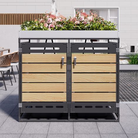 Bac à poubelle avec bac à jardiniers,bandes horizontales en bois,ventilation allongée fissurée,armoire de rangement en fer entière avec serrure(CHI)