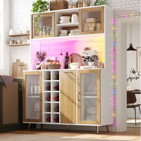 Sideboard buffet en MDF blanc et décor bois 120 x 40 x 170 cm, avec LED, casier à vin, tiroir et prise intégrée (1/5)