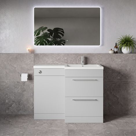 Napoli 390 Gloss Grey Pearl 1100mm 2 Drawer Vanity Unit Toilet Suite with Square Right Hand Lucia Basin - 1100mm - Chrome 320mm HandleWithout Kingston Toilet Pan