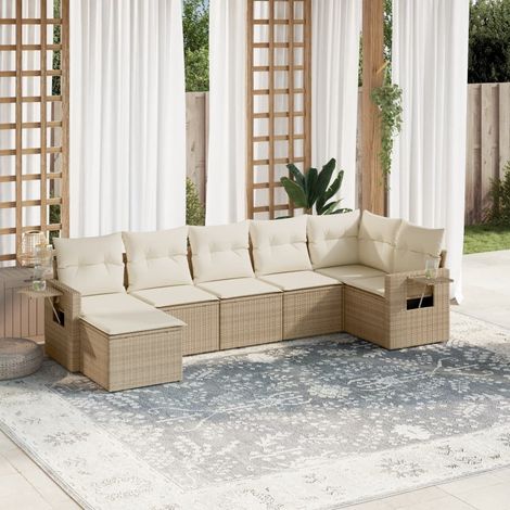 Canapé d'extérieur 7 places en résine tressée beige avec coussins lavables – salon de jardin modulaire résistant aux intempéries (1/5)