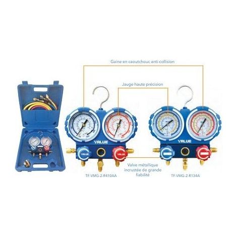 Coffret manomètres 2 voies R410A R407C R32 R134a – 3 flexibles 1,5m avec vannes – Jauge haute précision Classe 1,6 – Mallette de protection – DSC