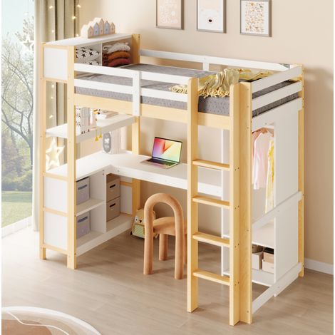 Lit mezzanine pin naturel et blanc 90x200 cm avec bureau, étagères, penderie et sommier inclus (1/5)