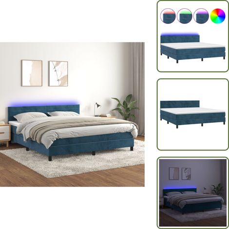 The Living Store Sommier à lattes de lit avec matelas LED Bleu foncé 160x200 cm - Lit Plateforme - Lit Design - Lit Capitonné - Lit Velours - Lit Avec Rangement (1/5)
