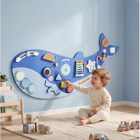 Tableau Montessori mural 13-en-1, forme baleine bleue, busy board, horloge, xylophone, pour chambre enfant - FloraGrace
