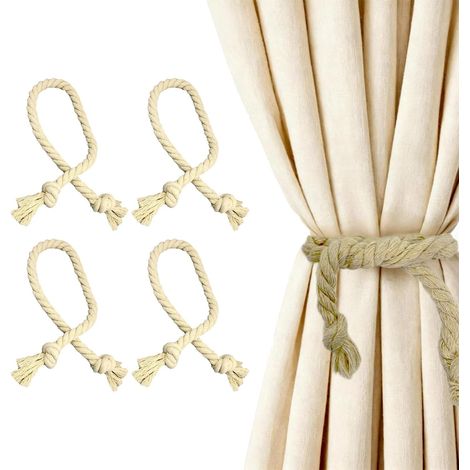 4 Embrasses de Rideaux en Coton Chanvre Naturel Tissé Main - Corde de Porte-Rideau Adjustable pour Décoration Maison, Salon, Chambre - Style Bohème Rustique - Lot de 4 (Beige) (1/5)