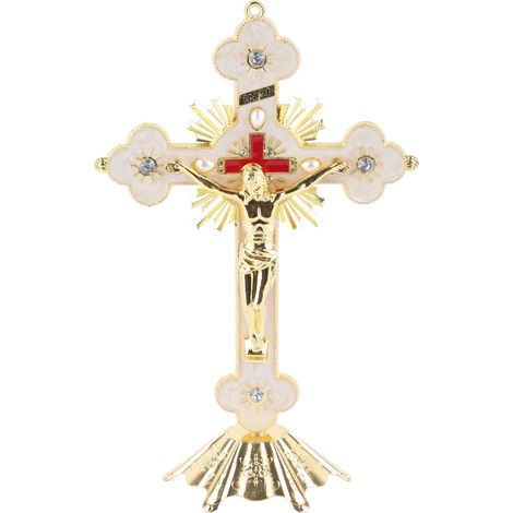 Croix sur pied en métal ornée de strass rouges, exquise, rétro et élégante croix sur pied avec socle, convenant aux familles chrétiennes. (1/5)