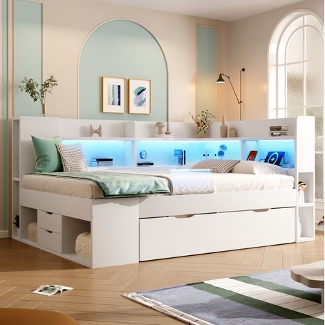 Bett Doppelbett Stauraum 140x200 Holz Weiß LED OKMYHOME (1/5)