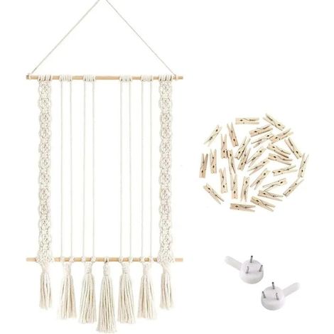Collage mural bohème avec pinces en bois - Cadre photo macramé fait main, franges incluses - Décoration murale pour intérieur et - D (1/5)