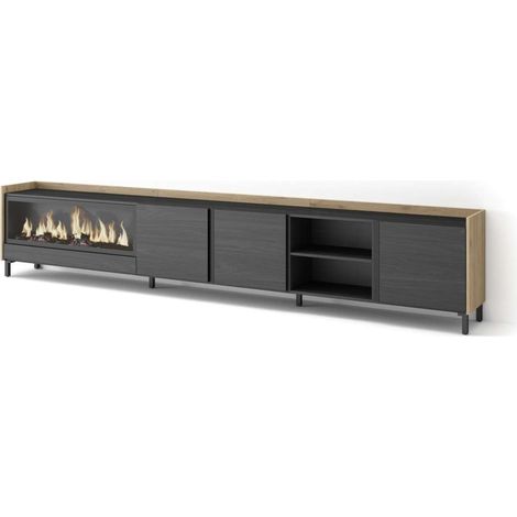 Mueble TV Chilches-02 de 315x61x35 cm con chimenea eléctrica XXL, diseño industrial, color negro y roble (1/4)