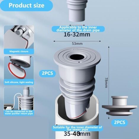 Joints d'étanchéité pour tuyau d'évacuation de machine à laver, deux bouchons d'étanchéité gris anti-odeurs pour tuyau d'évacuation de machine à laver, joints d'étanchéité désodorisants pour tuyau d'é (1/3)