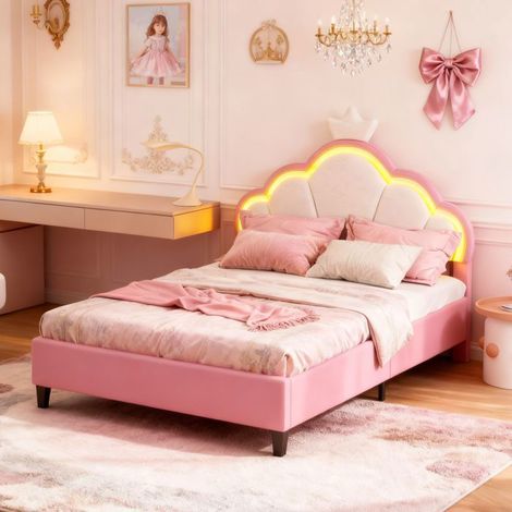 Bett für Kinder 90 x 190 Prinzessin, mit verstellbarem Kronen-Kopfteil und LED, Lattenrost, weißem und rosa Samt