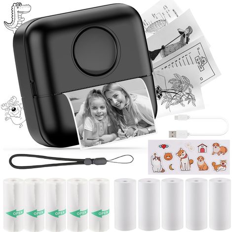Mini imprimante thermique Bluetooth noire photos étiquettes 10 rouleaux papier portable (1/5)