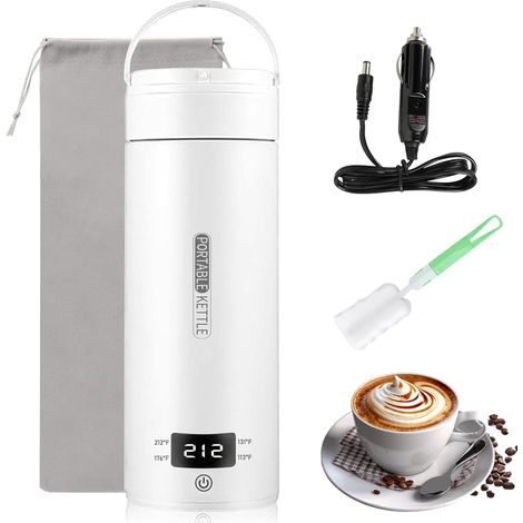 Bouilloire électrique portable 500 ml en acier inoxydable, idéale pour les voyages, le camping, la maison et le bureau. 4 réglages de température, chauffe rapide. Blanche. (1/5)