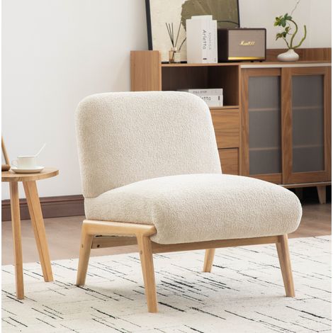 Fauteuil d'appoint en chenille beige avec pieds en bois massif, sans accoudoirs,61,5x74x76 cm (1/5)