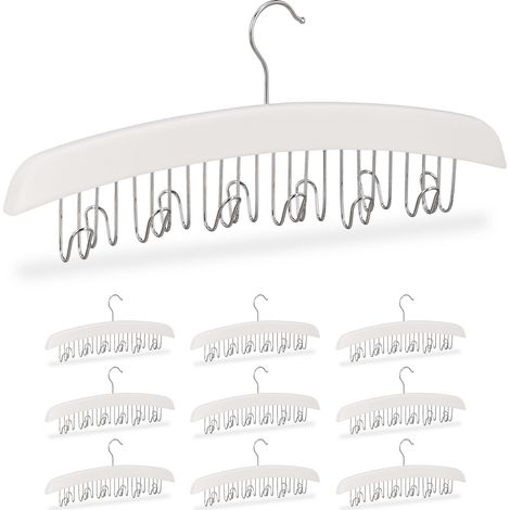 10x Wardrobe Belt Holder, Hook for 12 belts, 360° Rotatable Hook, Wood, 17.5x43x5.5 cm, White/Silver