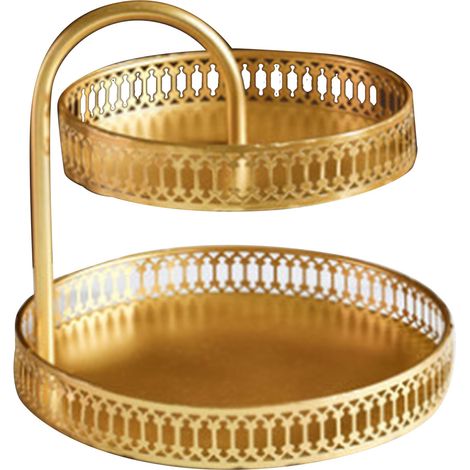 Double Layer Pastry Tray Decorative Copper Gold Biscuits Dessert Display Plate for Wedding Vertical Grain (1/5)