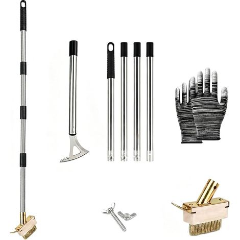 Brosse à Mauvaises Herbes, avec Manche Réglable, Outil de Désherbage 4-en-1 avec Brosse Métallique et Grattoir pour Joints, Pavés, Terrasses, Allées, Bordures et Murs, 157 cm (1/5)