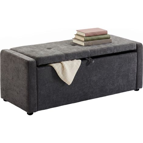 Pouf de rangement 142 L, assise large rembourrée, lin, capacité de 200 kg, gris foncé (1/5)