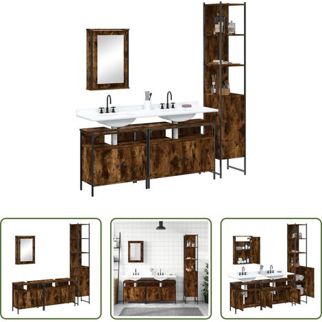 vidaXL Armoire miroir -  Ensemble de meubles de salle de bain 4 pcs Chêne fumé Bois (1/5)