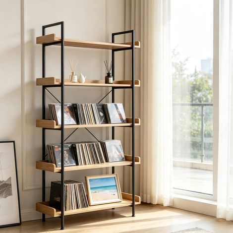 Estantería librería 91x25.5x173 cm, 5 estantes de almacenamiento, separador de ambientes, MDF y metal, negro y roble claro (1/4)
