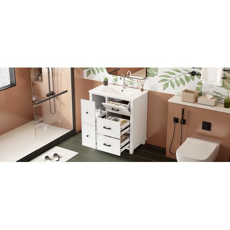 Meuble vasque blanc en MDF avec vasque céramique intégrée, 4 tiroirs et tiroir basculant pour salle de bains et WC (1/5)