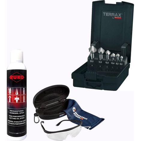 RUKO Jeu de fraises coniques et ébavureuses HSS, 6 pièces, 90°, DIN 335 Forme C avec spray et lunettes de protection - WZSA102152RO (1/2)