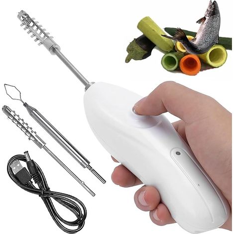 Pelapatate Elettrico per Zucchine, Strumento per Rimuovere Il Torsolo di Frutta E Verdura in Acciaio Inossidabile con 2 Teste di Taglio, Raschietto Portatile per Squame per Frutta E Pesce (1/5)