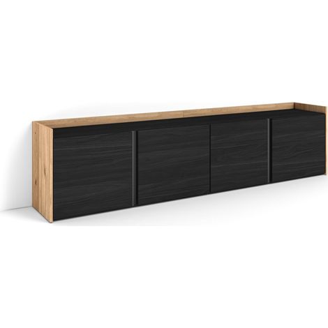 Skraut Home - Meuble TV, Banc Télé, Grand espace de Rangement, 207x35x50 cm, Pour les TV jusqu'à 80", Meubles de salon, Style moderne, Noir et chêne (1/5)