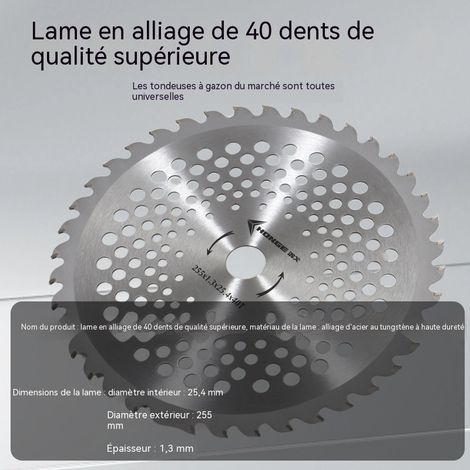 Lame de débroussailleuse premium en carbure 40 dents avec trous, diamètre 255mm alésage 25.4mm épaisseur 1.3mm, disque de coupe-herbe alliage haute qualité, universelle