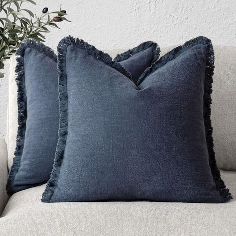 Ensemble de 2 coussins décoratifs, franges en lin, style bohème champêtre et chaleureux, housse de coussin à pompons, coussins d'appoint doux pour canapé-lit, salon, décoration intérieure, 50 x 50 cm (1/4)
