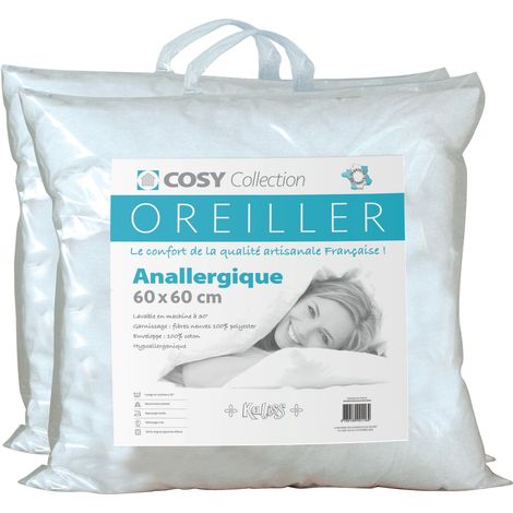 Lot de 2 oreillers 60x60 – Anallergique – Enveloppe 100% coton – Garnissage fibre anallergique 500g polyester – Lavable en machine à 30° – Le Linge De Jules