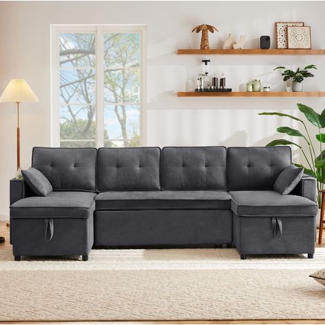 Divano letto a U in tessuto cotone-lino grigio 270x130x86 cm con contenitori e portabicchieri (1/5)