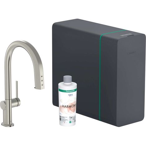 Hansgrohe Aqittura M91 - Miscelatore per lavello con bocca estraibile, SodaSystem, sBox lite, acciaio inox 76838800 (1/2)
