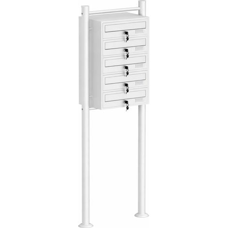 Wiltec 5er Briefkastenanlage weiß 270 x 513 x 1500 mm, Standbriefkasten mit 5 Fächern, Schlüssel und Namensschild, Briefkasten Postkasten mit Ständer