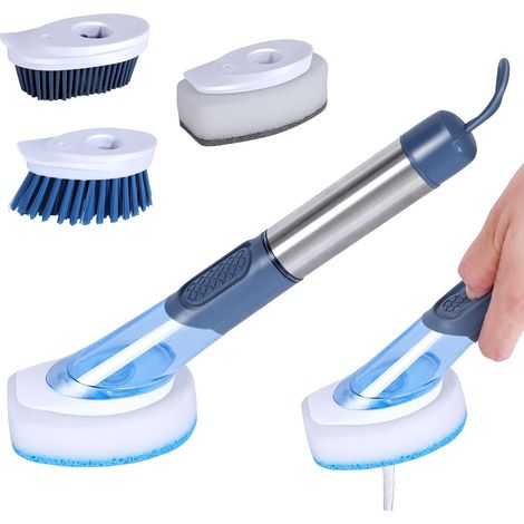 Cepillo para fregar platos con 4 cabezales de repuesto diferentes, cepillo de limpieza de cocina con dispensador de jabón, 27 cm de largo para limpiar el fregadero de la cocina.