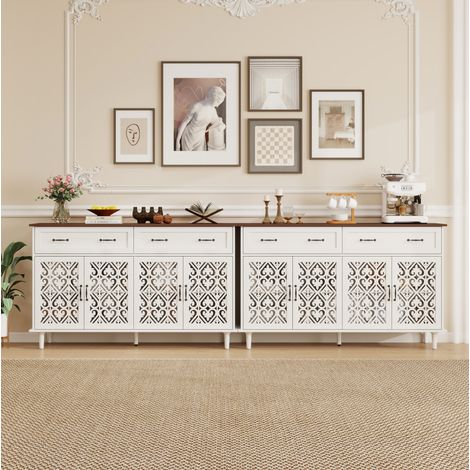 Buffet blanc en panneaux de particules avec plateau en bois massif, 4 portes sculptées, 2 tiroirs et étagères réglables (1/5)