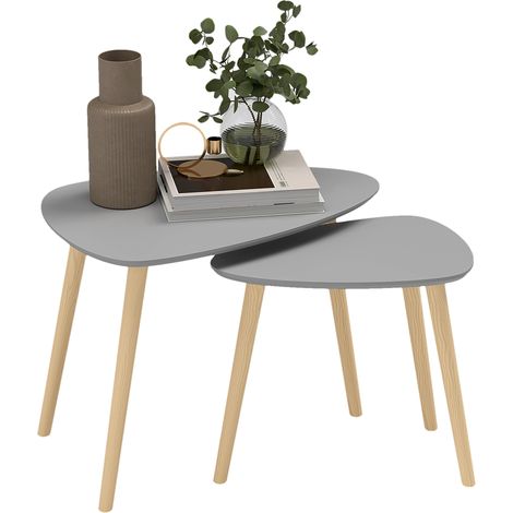 Set 2 tavolini ausiliari, gambe legno, 59,5x39,5x45 cm e 44,5x28,5x40 cm, grigio e naturale