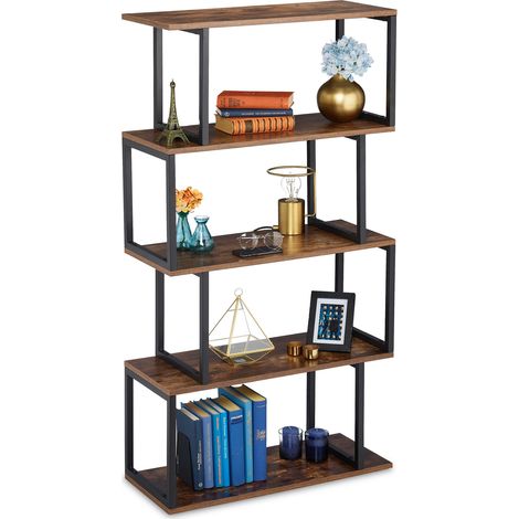Relaxdays Bookcase, Industrial Design, 5 Open Levels, MDF & Metal, HxWxD: 136 x 73 x 30 cm, Upright Shelf, Brown/Black (1/5)